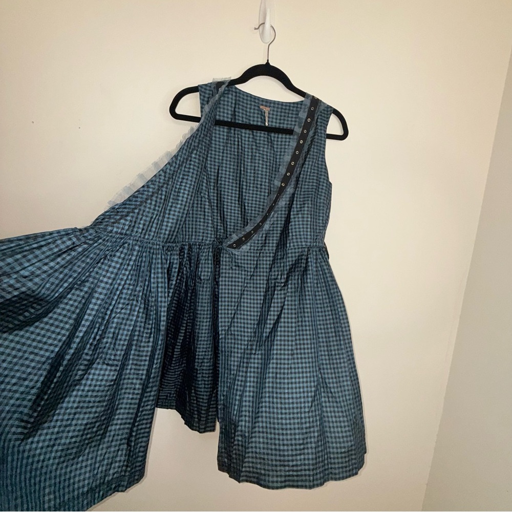 Free People Blue Check Sleeveless Wrap Silk Sundress Size 4 - Picture 9 of 15